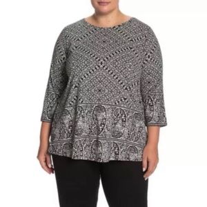 Lucky Brand Paisley Floral Cotton Modal Blend Black and White Top | 1X